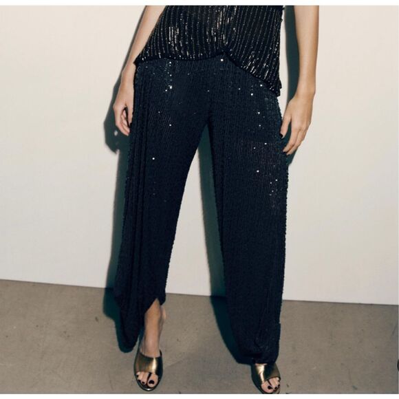 NWT Zara Holiday Party Green Sequin Balloon Pants Limited Edition Size Medium - Picture 10 of 16